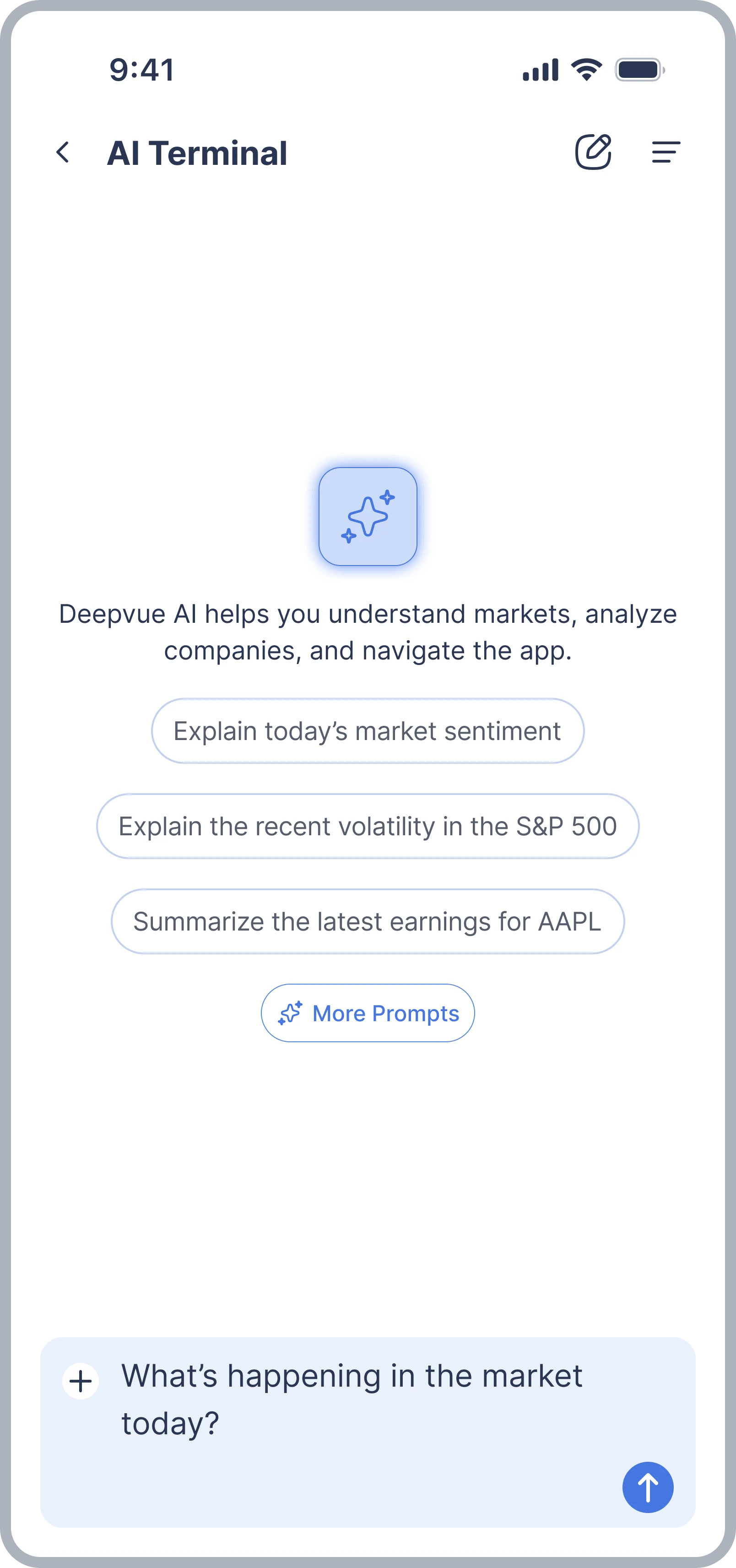 The redesigned AI Terminal with suggested prompts and More Prompts