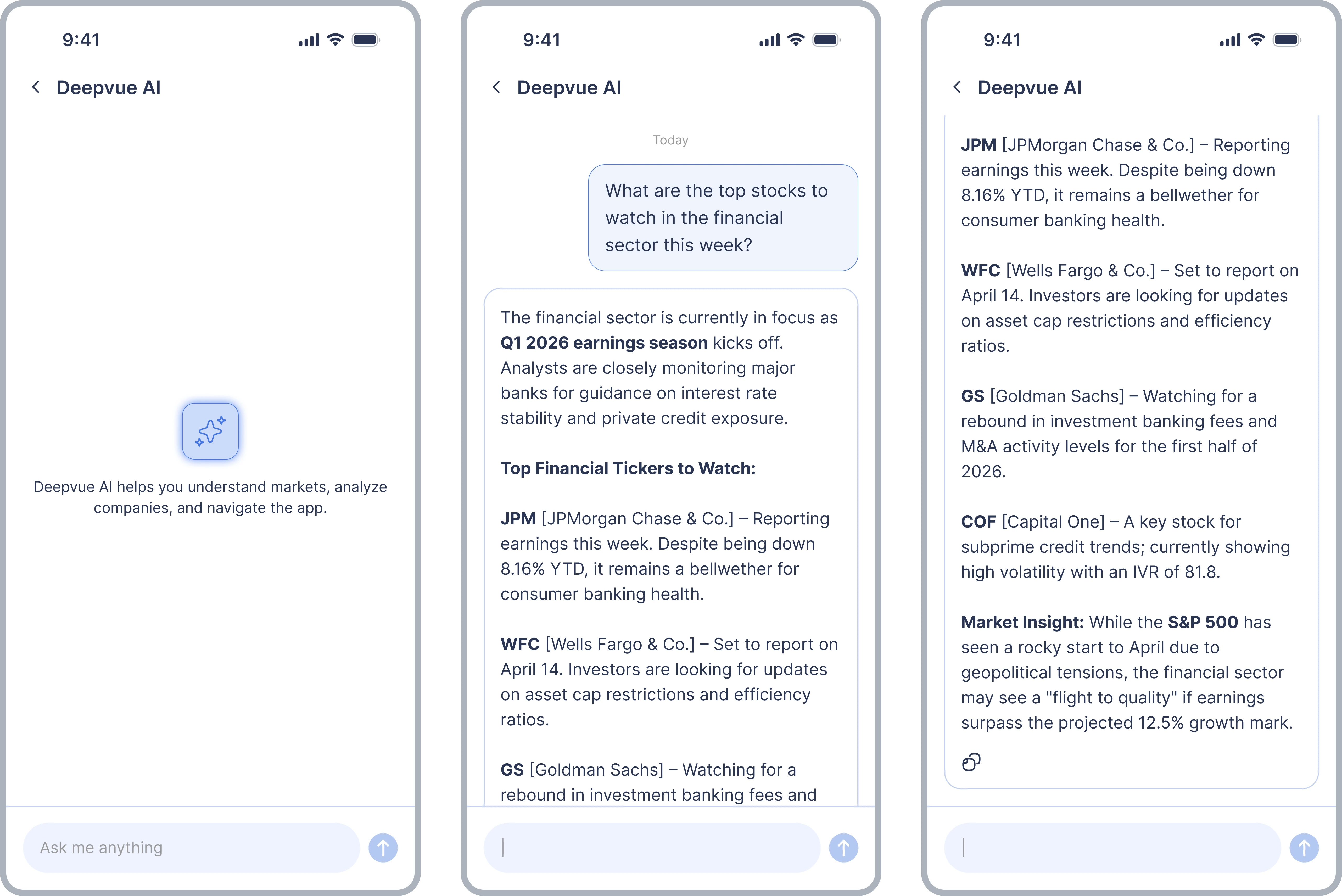 The first terminal: a question, a text answer listing stocks, and a copy button