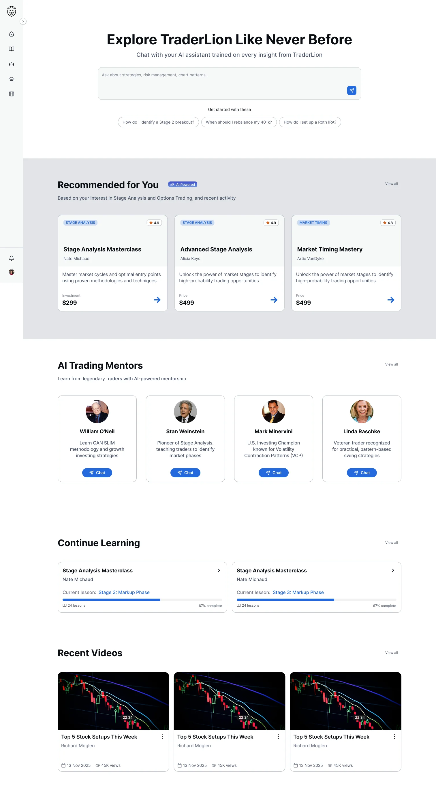 TraderLion home with AI search, recommendations, mentors and recent videos