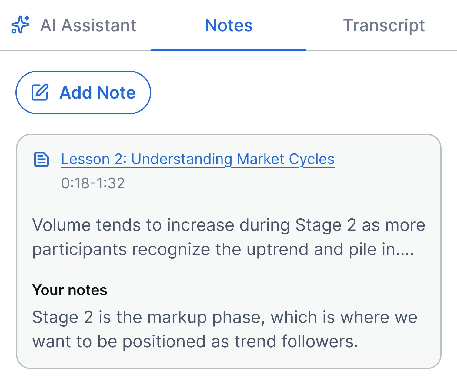 Notes panel with saved transcript lines and personal notes