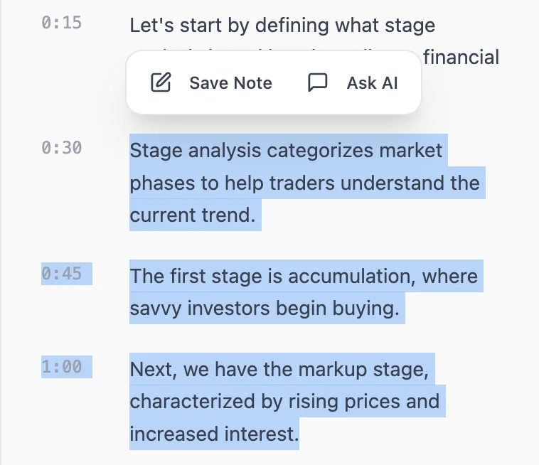 Selected transcript lines with Save Note and Ask AI